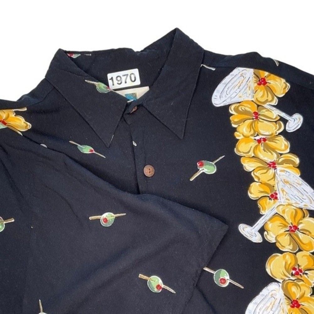 Kahala Hawaiian Islands Black Martinis Pattern Short Sleev Shirt Men L USA Rayon